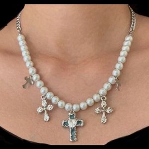 Noir Y2k Style White Faux Pearl Silver & Aqua Cross Heart Rhinestone Necklace